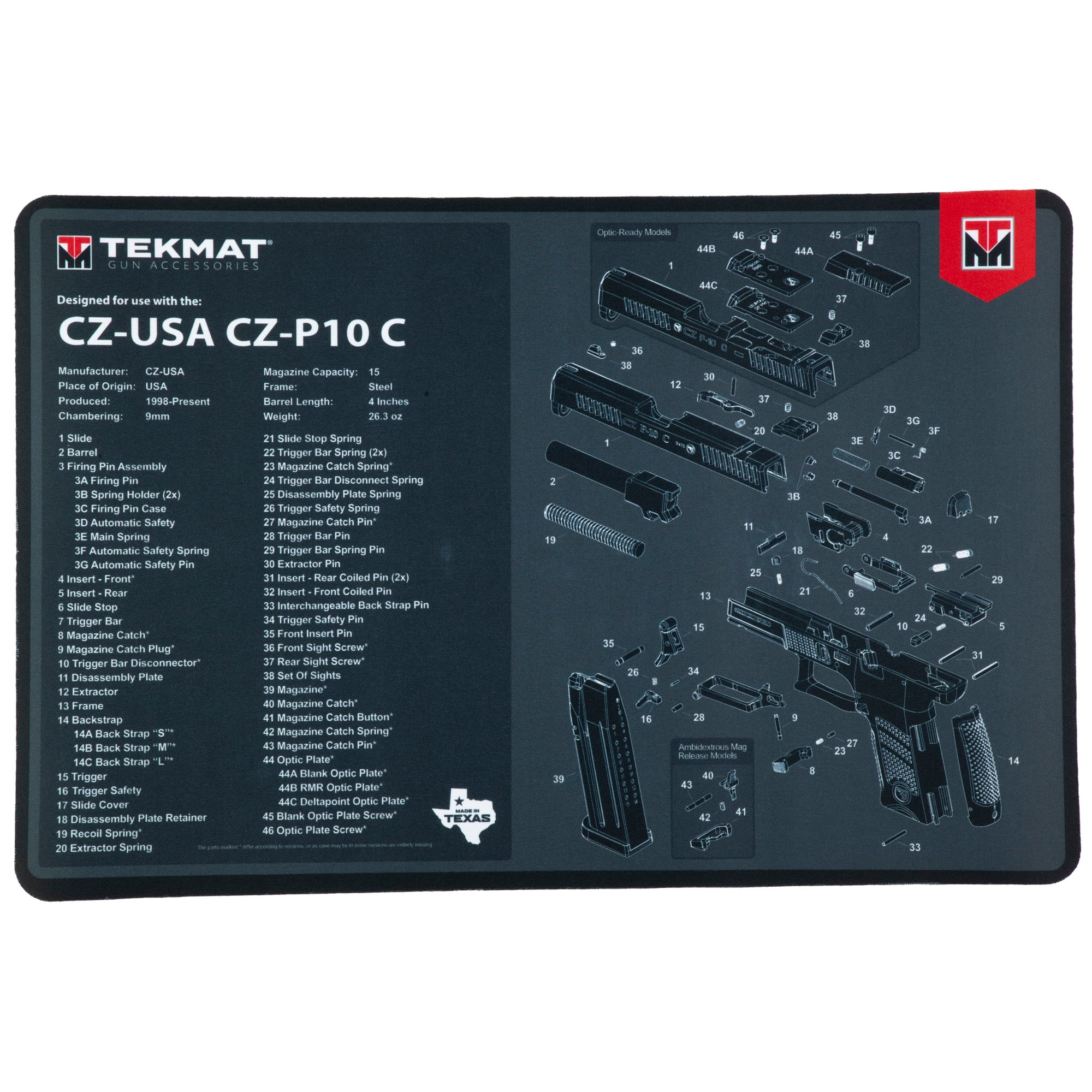 TekMat Cleaning Mat, Pistol Size, 11"x17", For CZ P10C, Black
