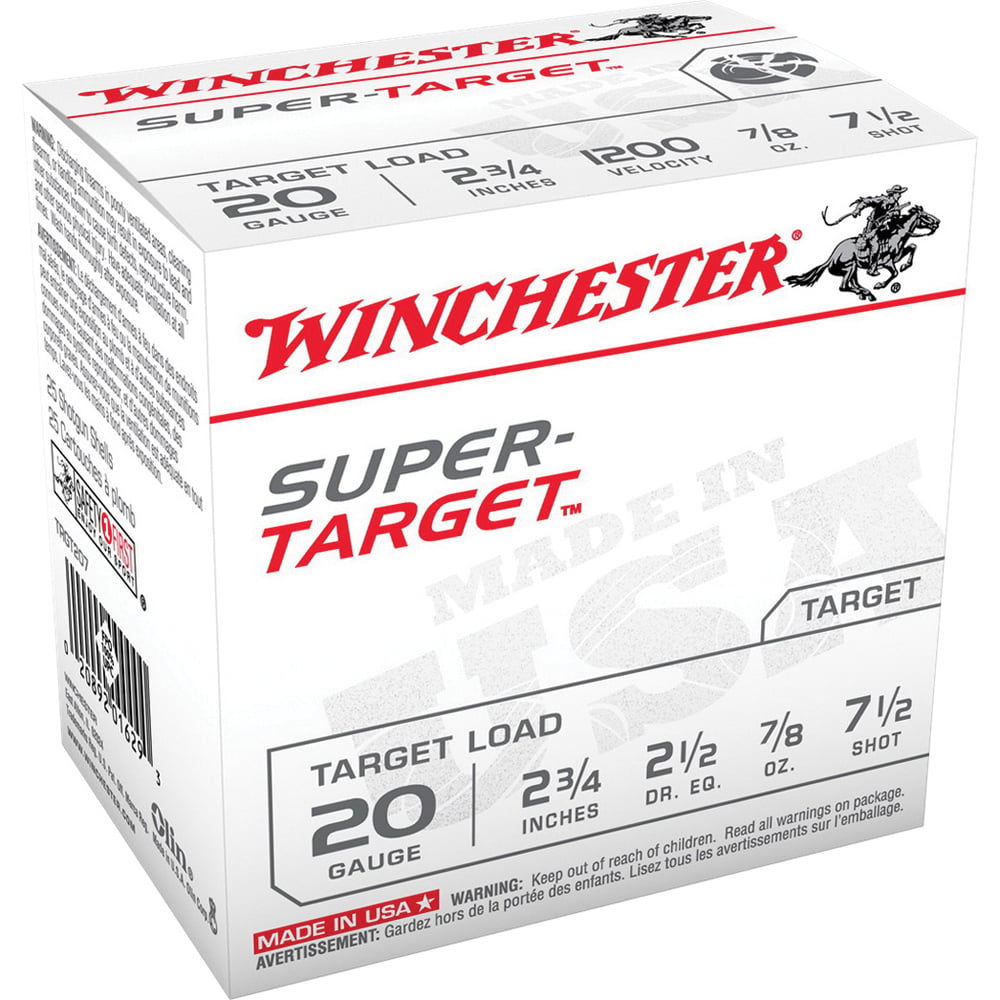 Winchester Super Target 20 Gauge 2-3/4" 7-1/2 Shot 7/8 oz Shotshell, 100/Box - TRGT207VP