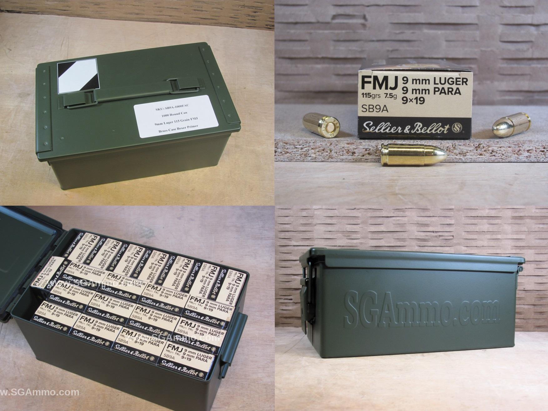 1000 Round Flat Can – 9mm Luger Sellier Bellot 115 Grain FMJ Brass Case Ammo – SB9A – Packed in Metal Canister