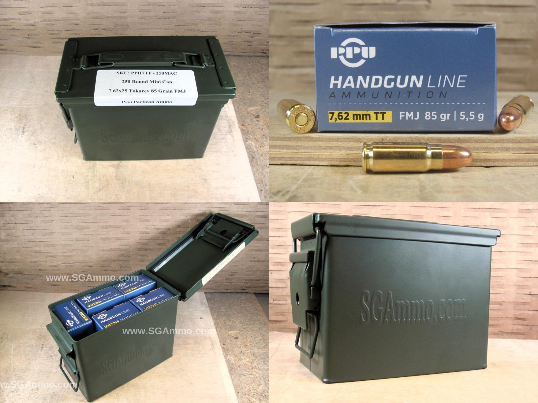 250 Round Can – 7.62×25 Tokarev 85 Grain FMJ Prvi Partizan New Non-Corrosive Ammo – PPH7TF – Packed in Mini Canister