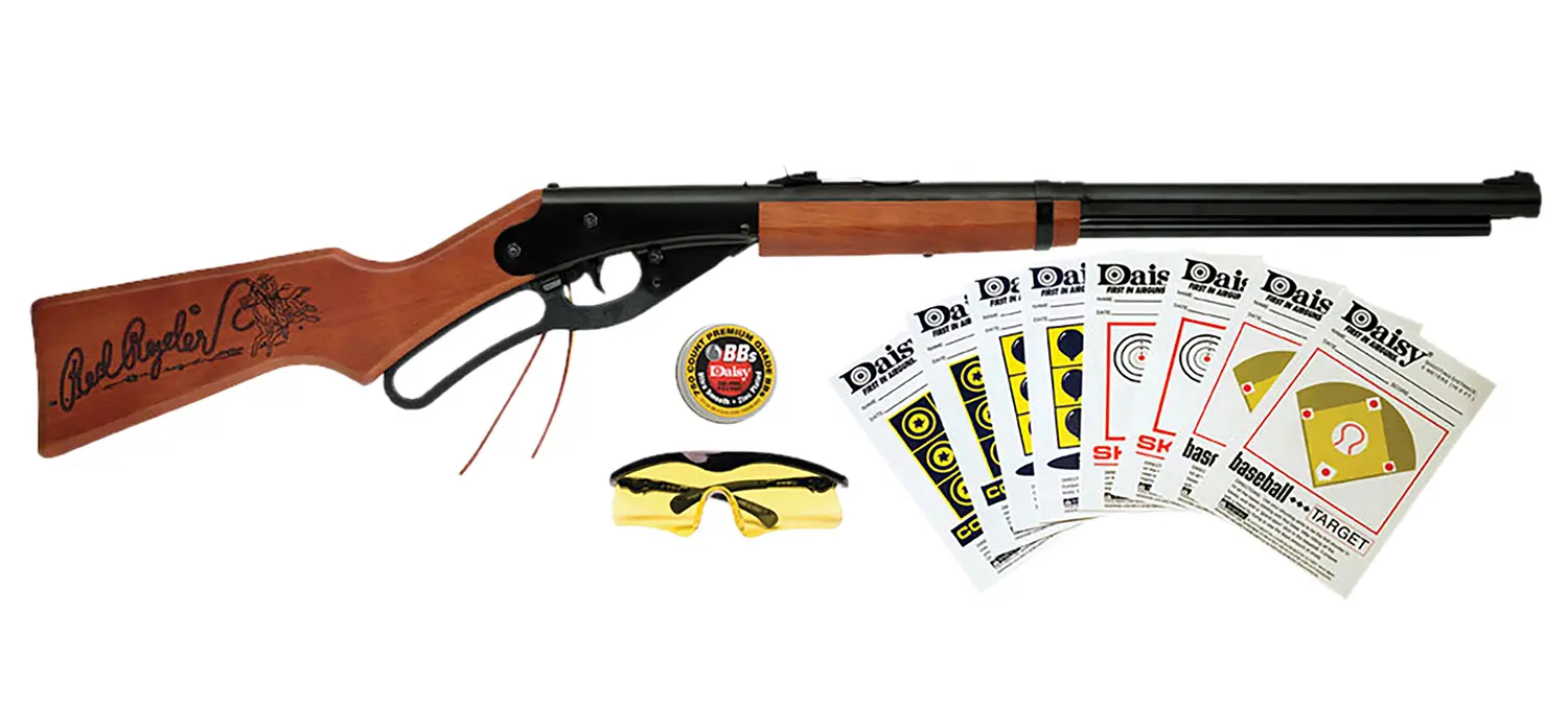 Daisy 994938-803 Red Ryder Shooting Kit Lever 177 BB Black Steel Barrel Receiver, Fixed Engraved Wood Stock
