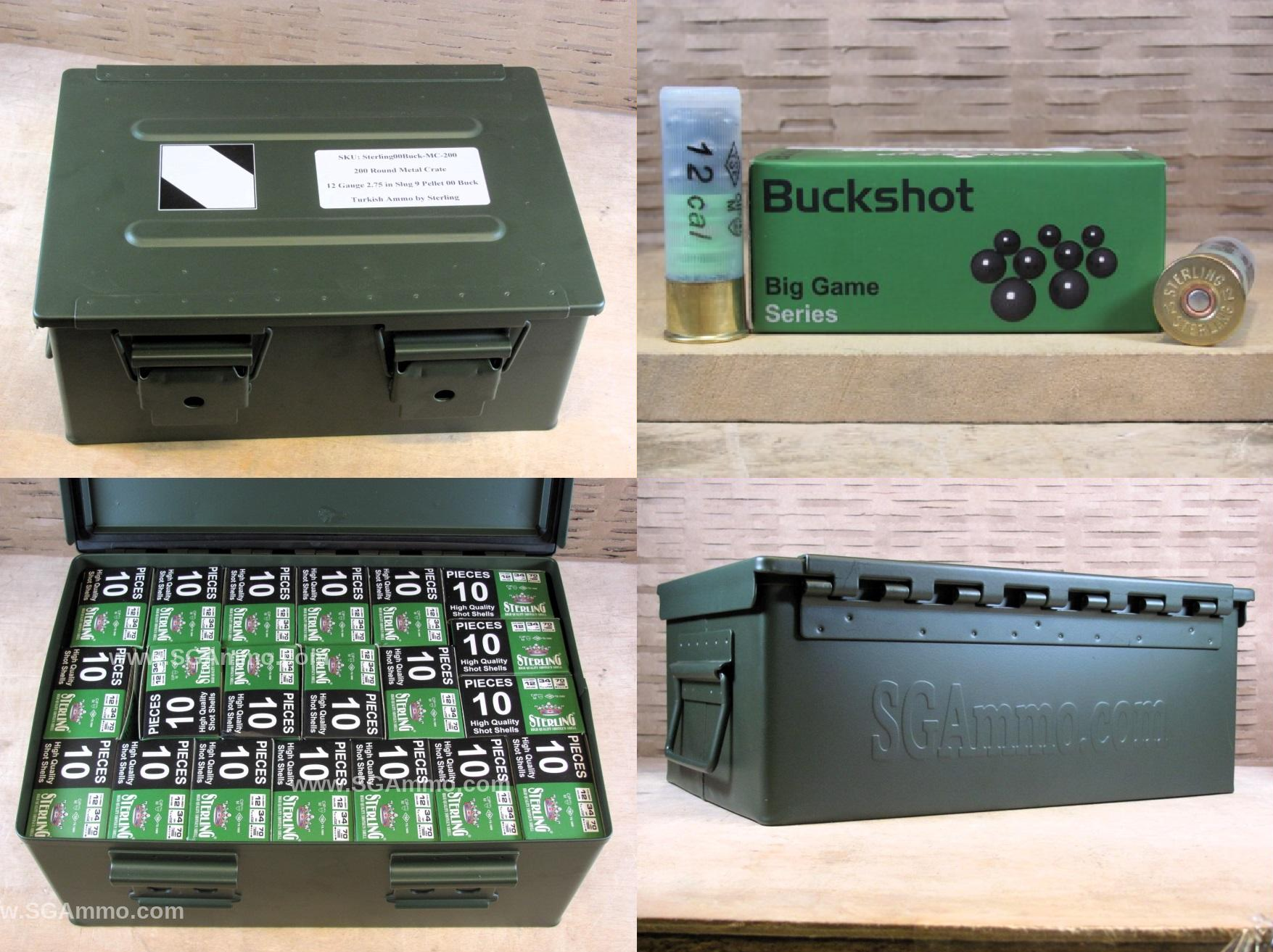 200 Round Metal Crate Canister – 12 Gauge 2-3/4 Inch 9 Pellet 00 Buckshot Turkish Ammo Made by Sterling
