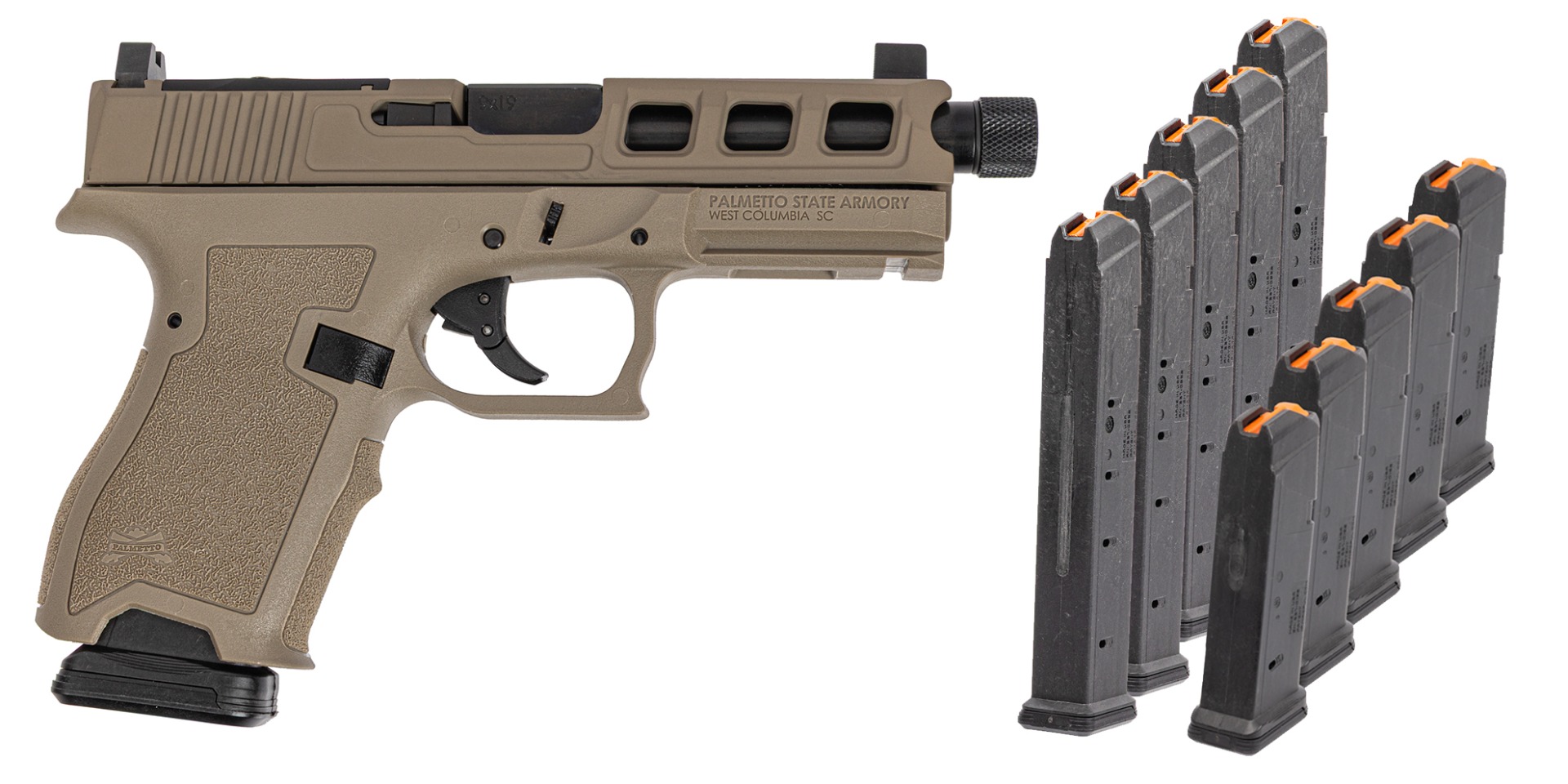 PSA Dagger Compact SW3 RMR Pistol, Threaded Barrel w/ 5 15rd & 5 27rd Mags, FDE