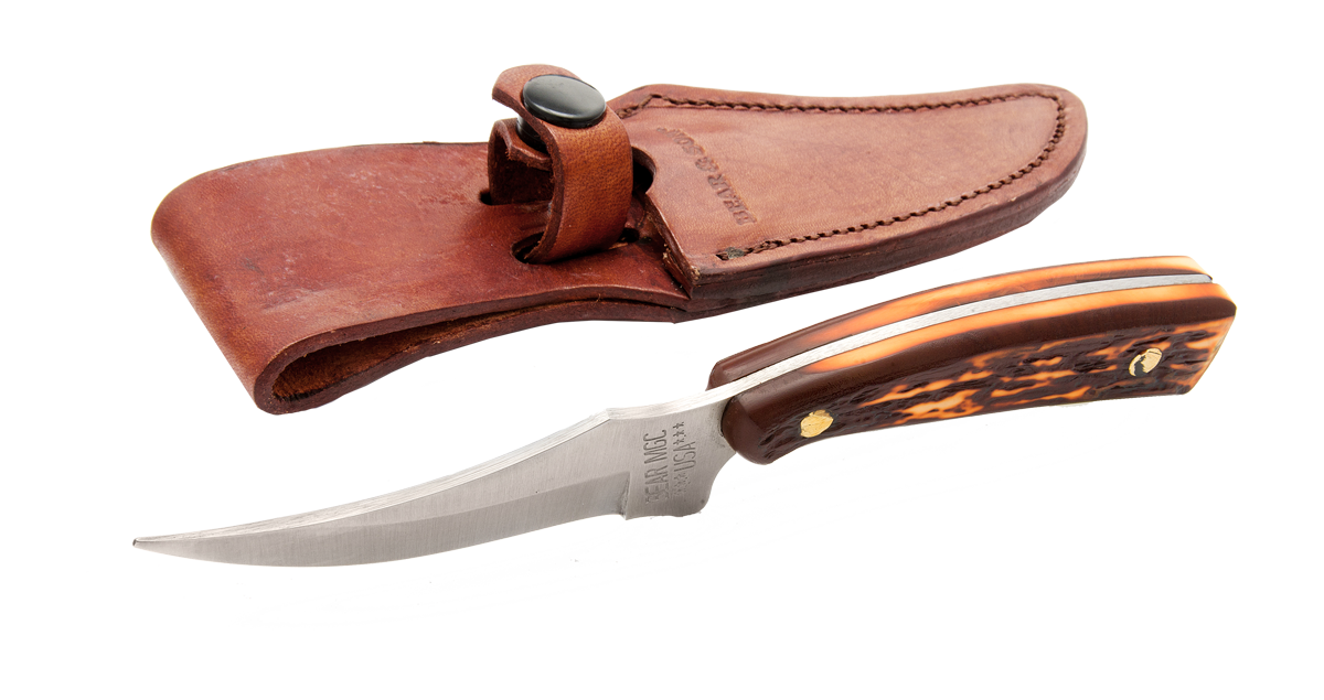 Bear & Son 7 1/4 Stag Delrin Upswept Skinner w/ Leather Sheath