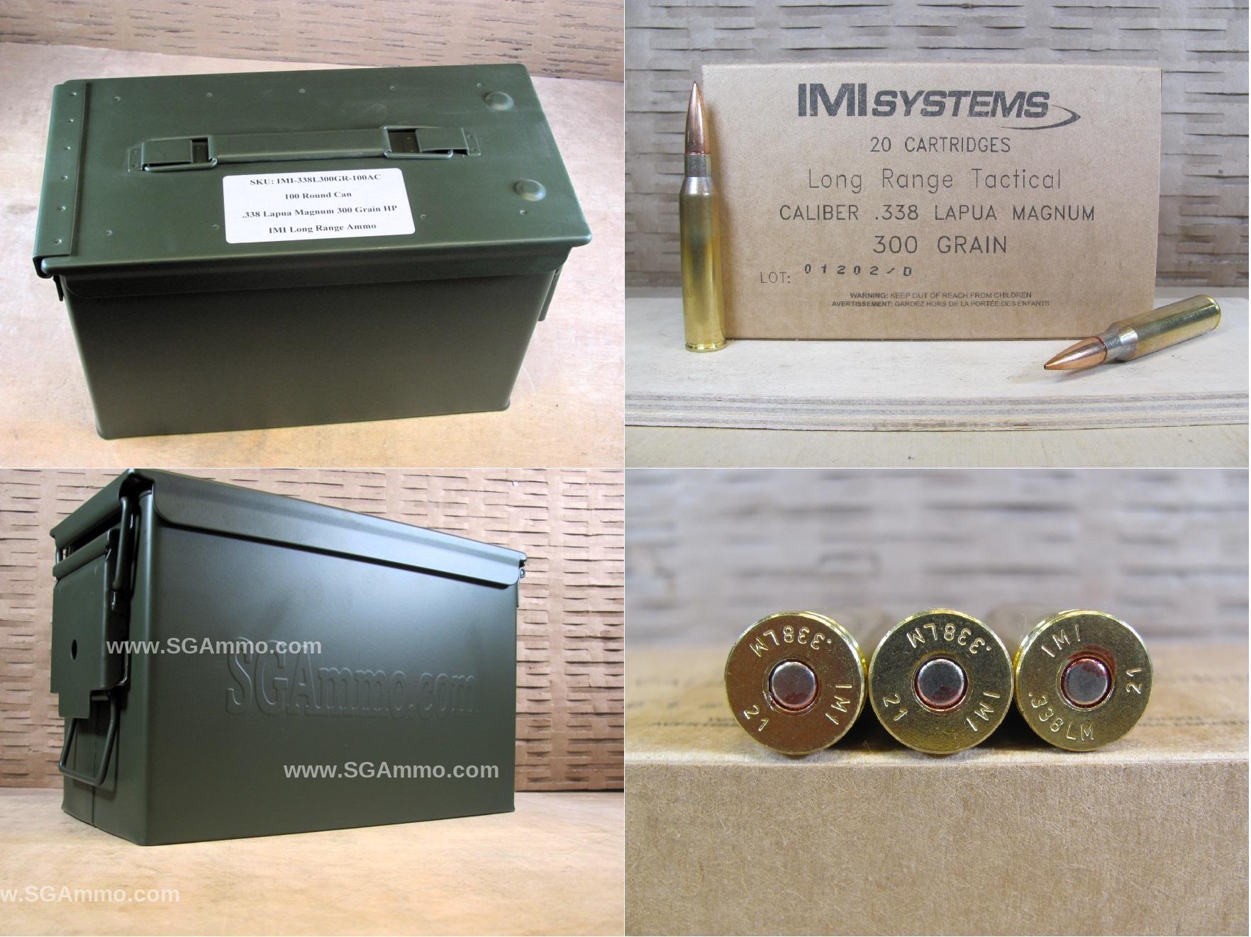 100 Round Can – .338 Lapua Magnum 300 Grain Hollow Point Long Range Tactical IMI Ammo – IMI338L300GR – Packed in M2A1 Canister