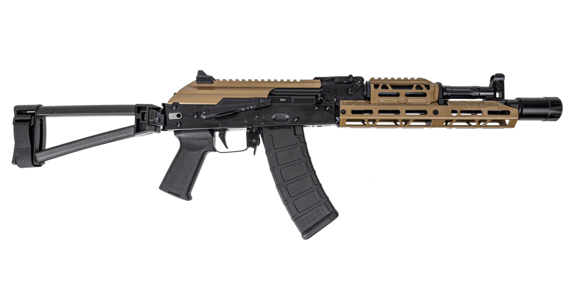 PSA AK-105 Triangle Side Folding Pistol with FDE JL Billet Rail, FDE Picatinny Railed Dust Cover, Toolcraft Bolt, Trunnion, and Carrier