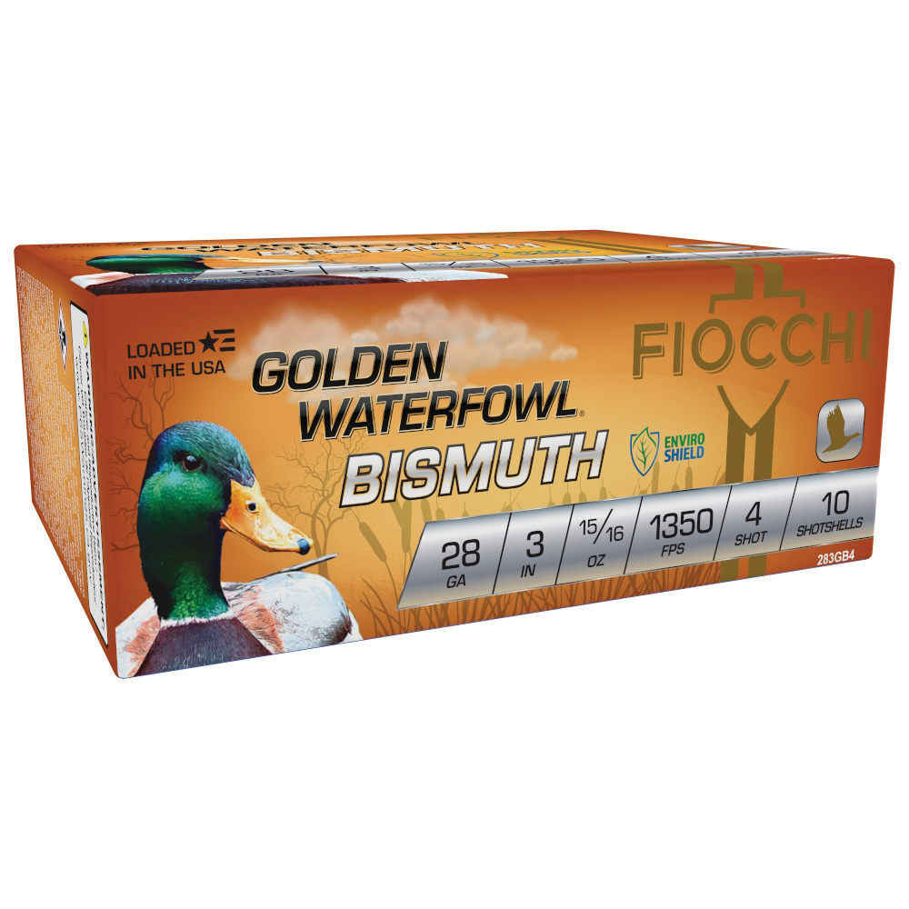 Fiocchi Golden Waterfowl Bismuth 28 Gauge 3" #4 15/16 oz 10rds Shotshell - Superior Bismuth for Waterfowl - 283GB4