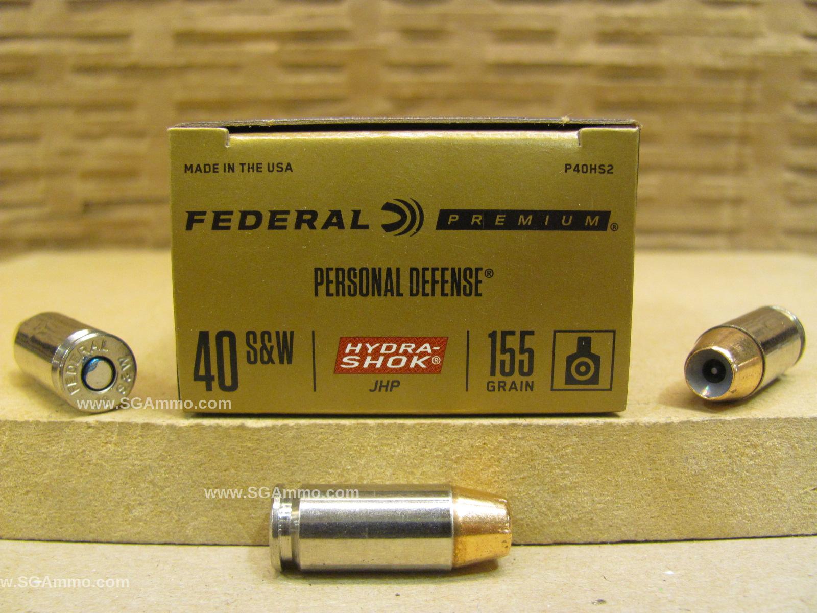 20 Round Box – 40 SW 155 Grain Hydra-Shok JHP Federal Personal Defense Ammo – P40HS2