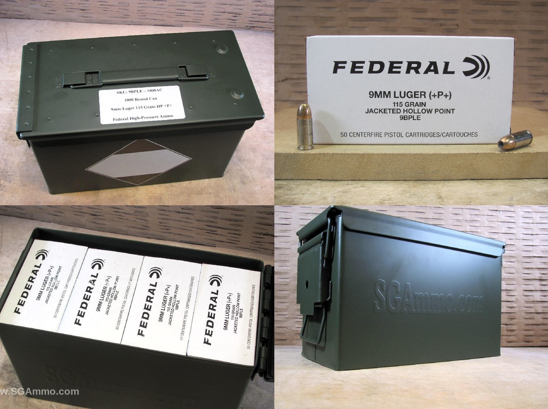 1000 Round Can – 9mm Luger +P+ Federal 115 Grain Hollow Point Ammo – 9BPLE – Packed in M2A1 Canister – READ WARNING