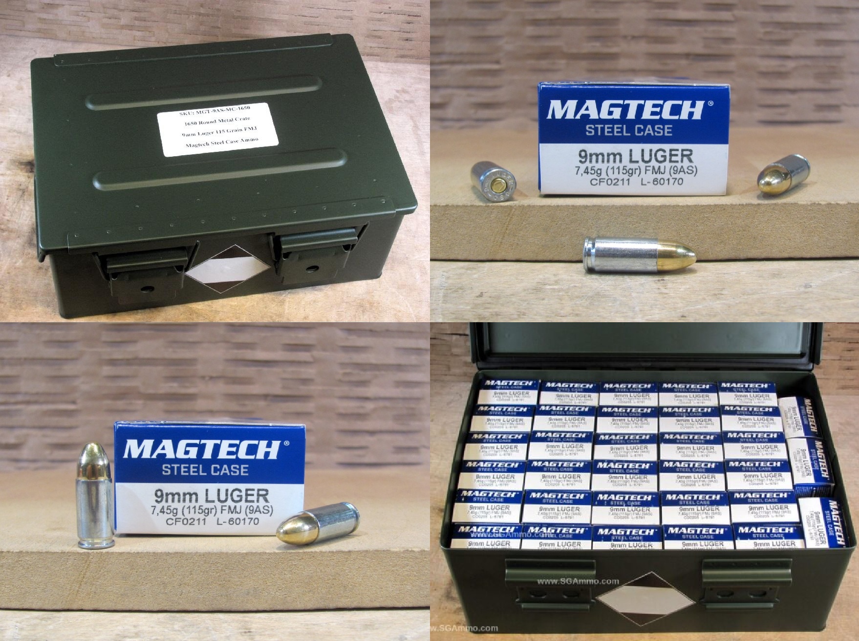 1650 Round Metal Crate Canister – Steel Case 9mm Luger 115 Grain FMJ Magtech Ammo – 9AS