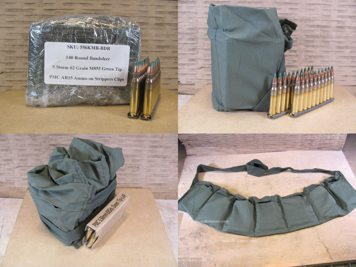 140 Round Bandoleer – 5.56mm 62 Grain Green Tip M855 Ammo by PMC on AR15 Stripper Clips Packed in Bandoleer – 556KMB
