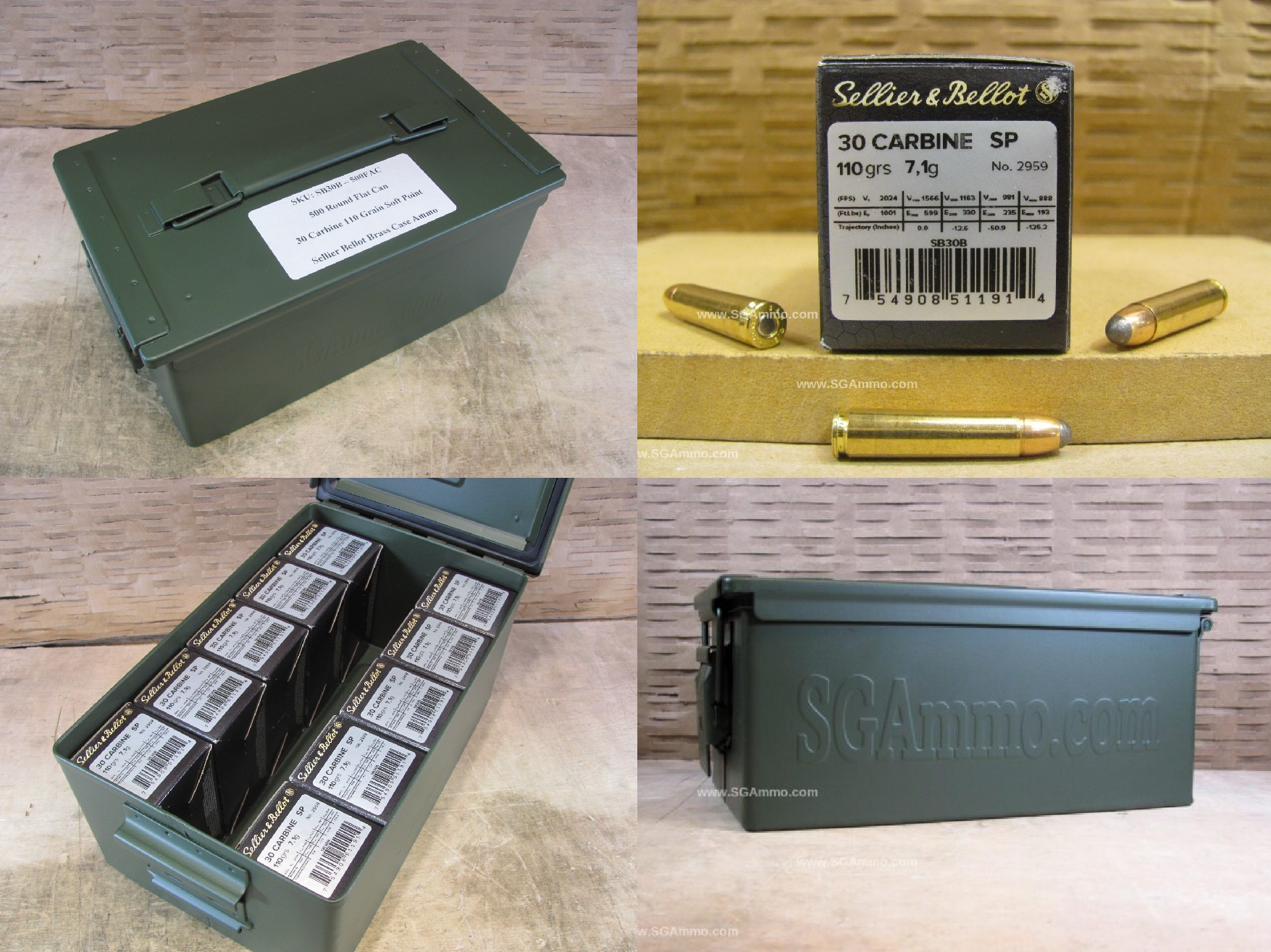 500 Round Flat Can – 30 Carbine 110 Grain Soft Point Sellier Bellot Ammo – SB30B – Packed in Metal Canister