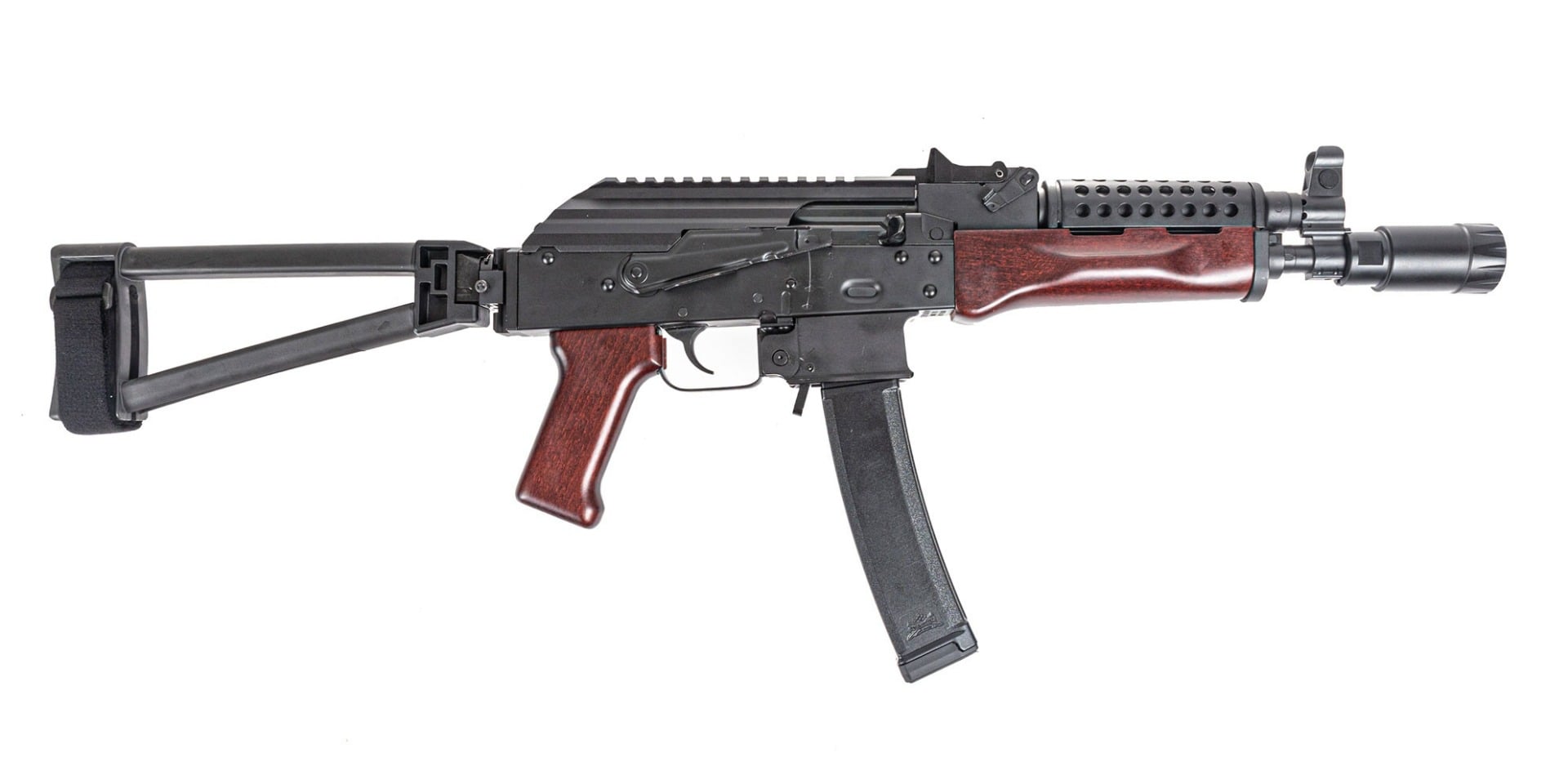 PSA AK-V 9mm Triangle Folding Pistol with Cheese Grater Upper Handguard and Linear Comp Flash Can, Redwood