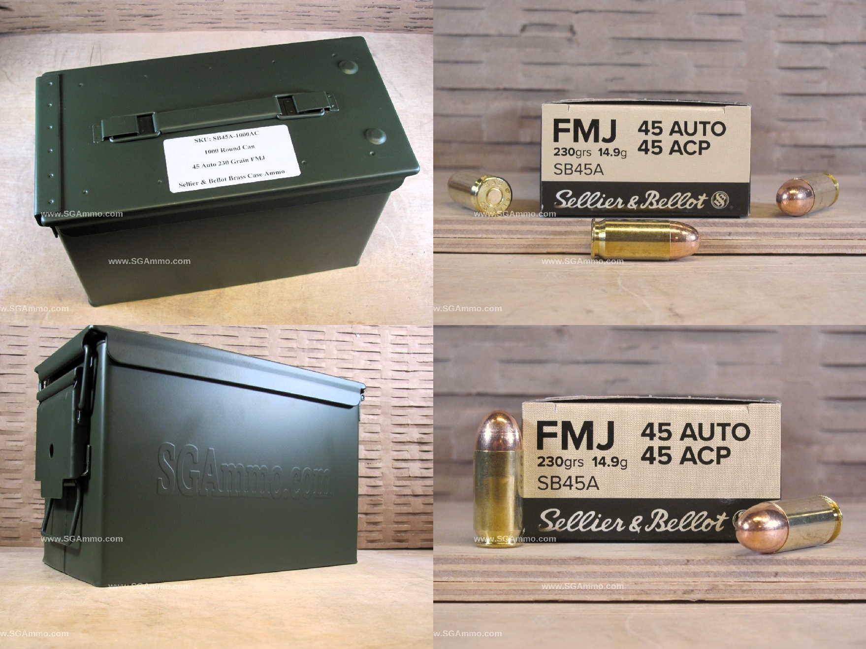 1000 Round Can – 45 Auto 230 Grain FMJ Sellier Bellot Brass Case Ammo – SB45A – Packed in M2A1 Canister