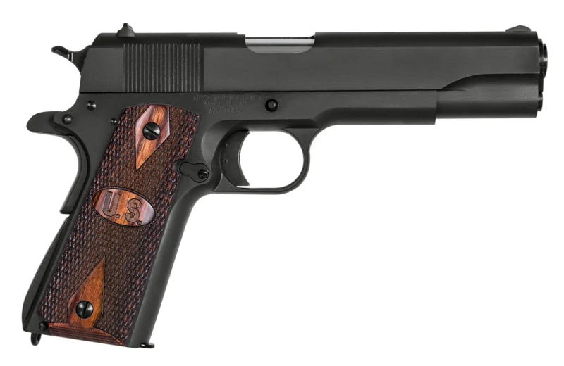 Auto-Ordnance 1911BKO9W 1911 A1 GI Spec 9mm Luger 9+1 5" Stainless Steel Barrel, Matte Black Serrated Carbon Steel Slide Frame w/Beavertail, Checkered Wood w/Integrated US Logo Grip