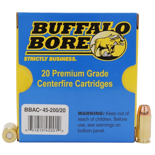 Buffalo Bore 45 ACP +P 200 grain Jacketed Hollow Point Pistol and Handgun Ammo, 20/Box - 45-200/20