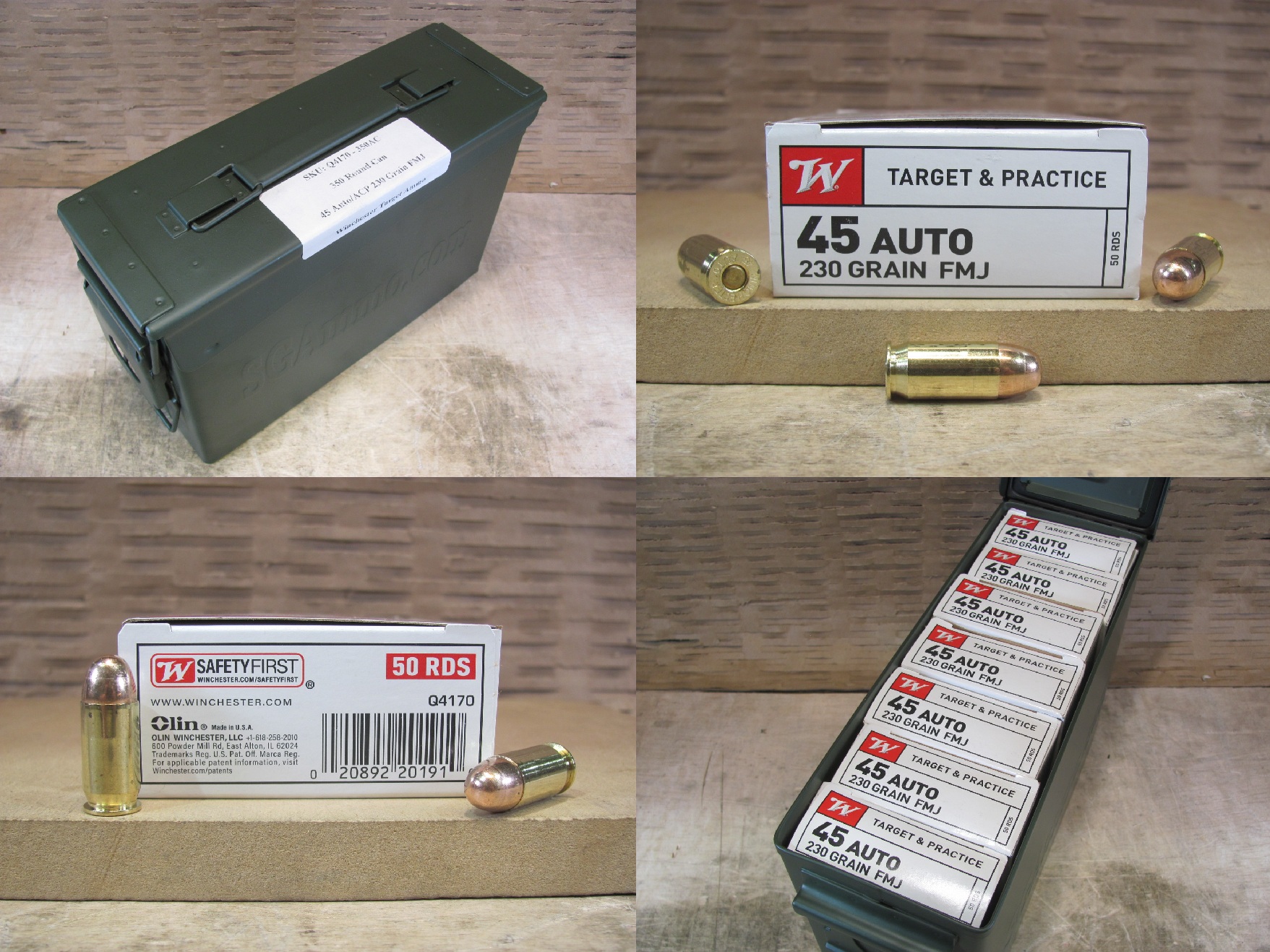 350 Round Can – 45 Auto / ACP Winchester 230 Grain FMJ Ammo – Q4170 – Packed in M19A1 Canister