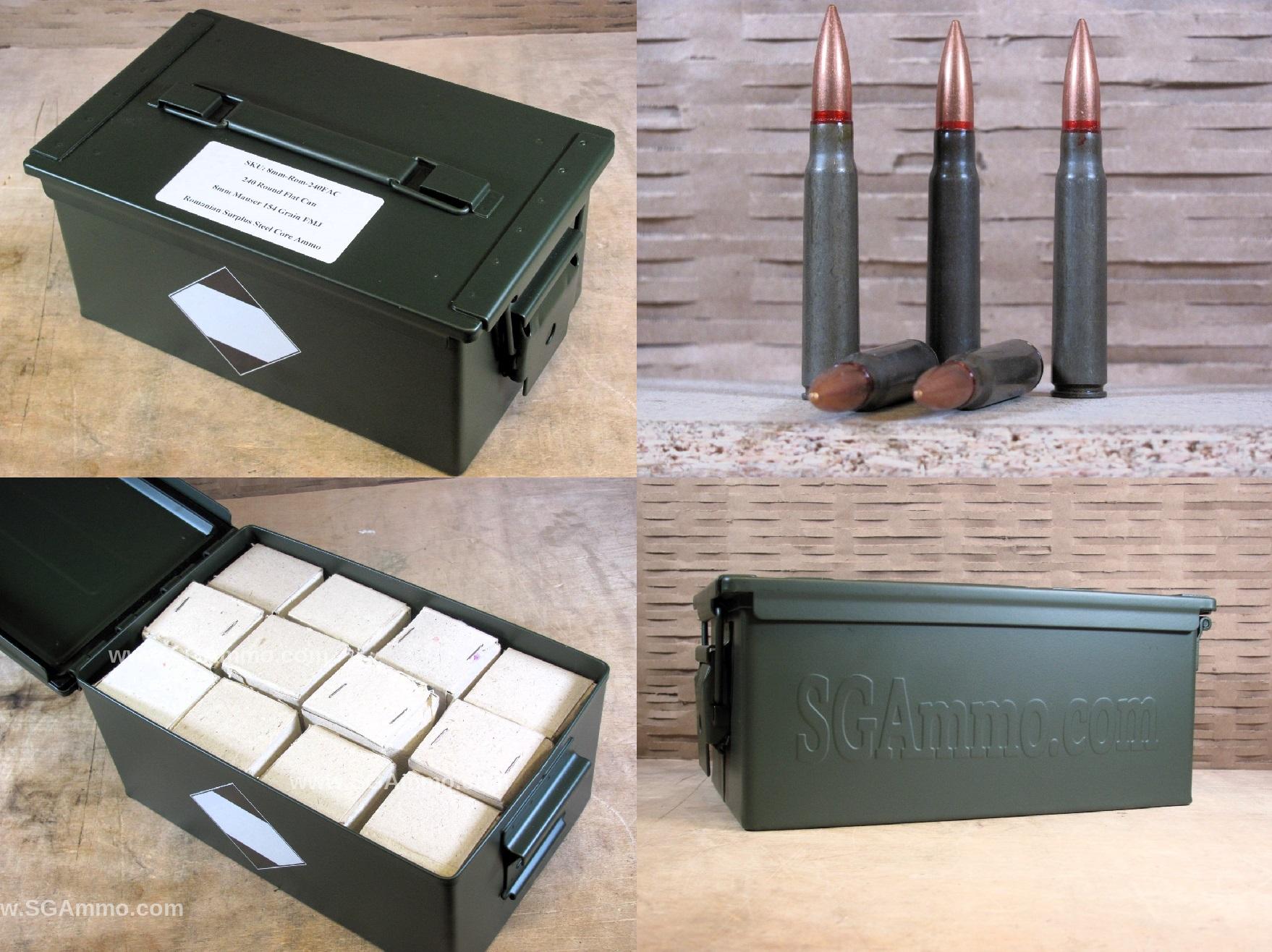 240 Round Flat Can – 8mm Mauser 154 Grain FMJ Steel Case Ammo Made in Romania – Packed in Metal Canister