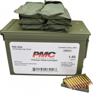 PMC .223 Rem - 55 Grain FMJ Boat Tail - On Stripper Clips / 6 Bandoleers in Ammo Can - 840 Rounds Per Can - Mfg # PMC223-AMB