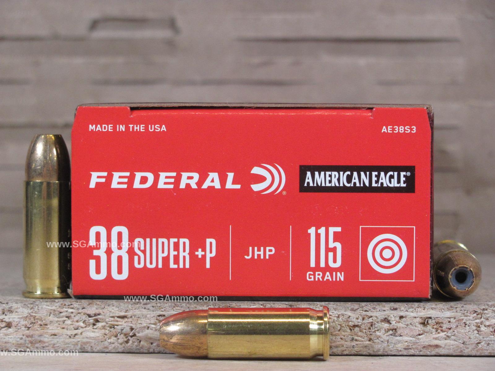50 Round Box – 38 Super +P 115 Grain Jacketed Hollow Point Federal American Eagle Ammo AE38S3