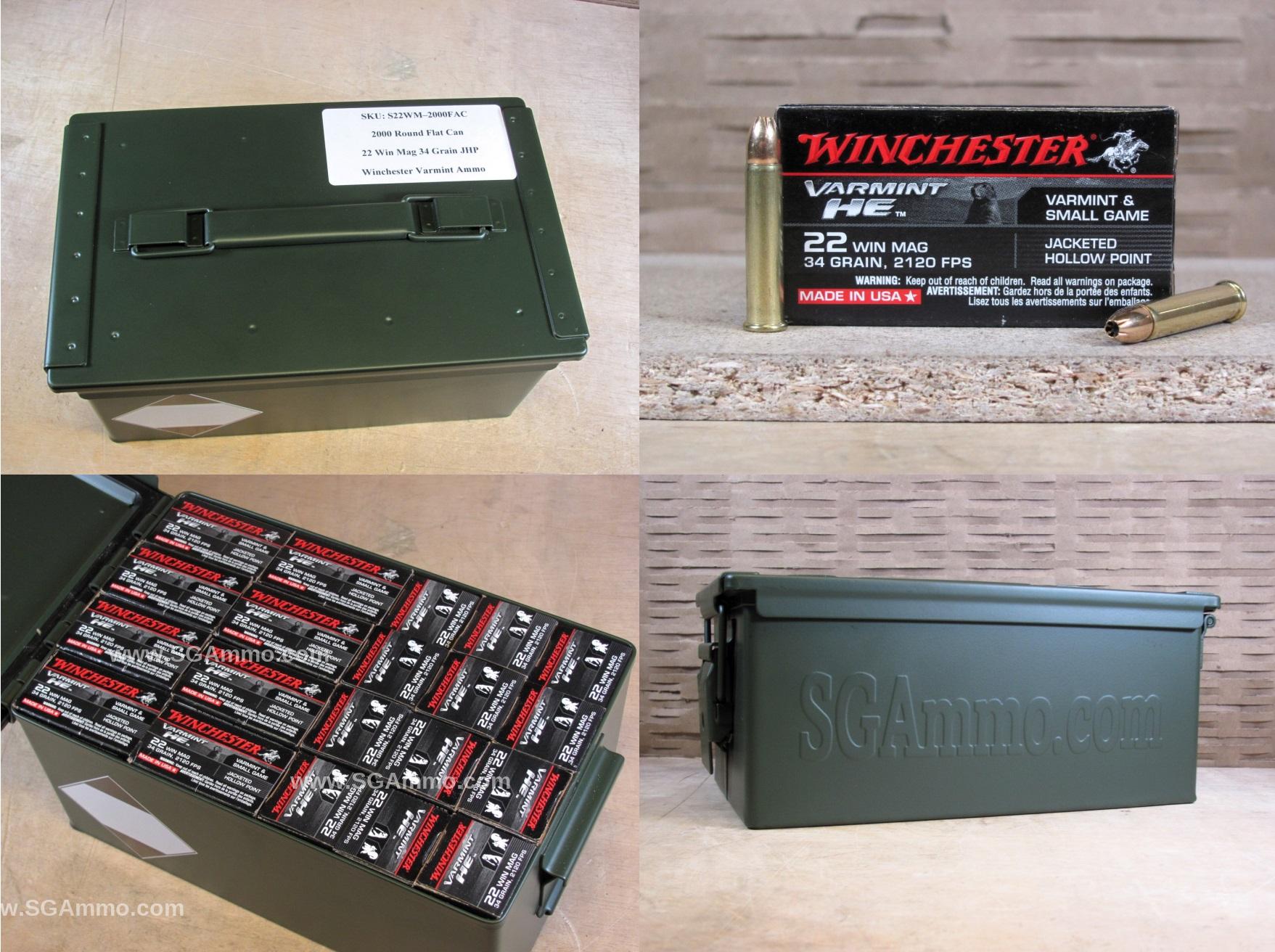 2000 Round Flat Can – 22 Winchester Magnum 34 Grain JHP Hollow Point Ammo – S22WM – Packed in Metal Canister
