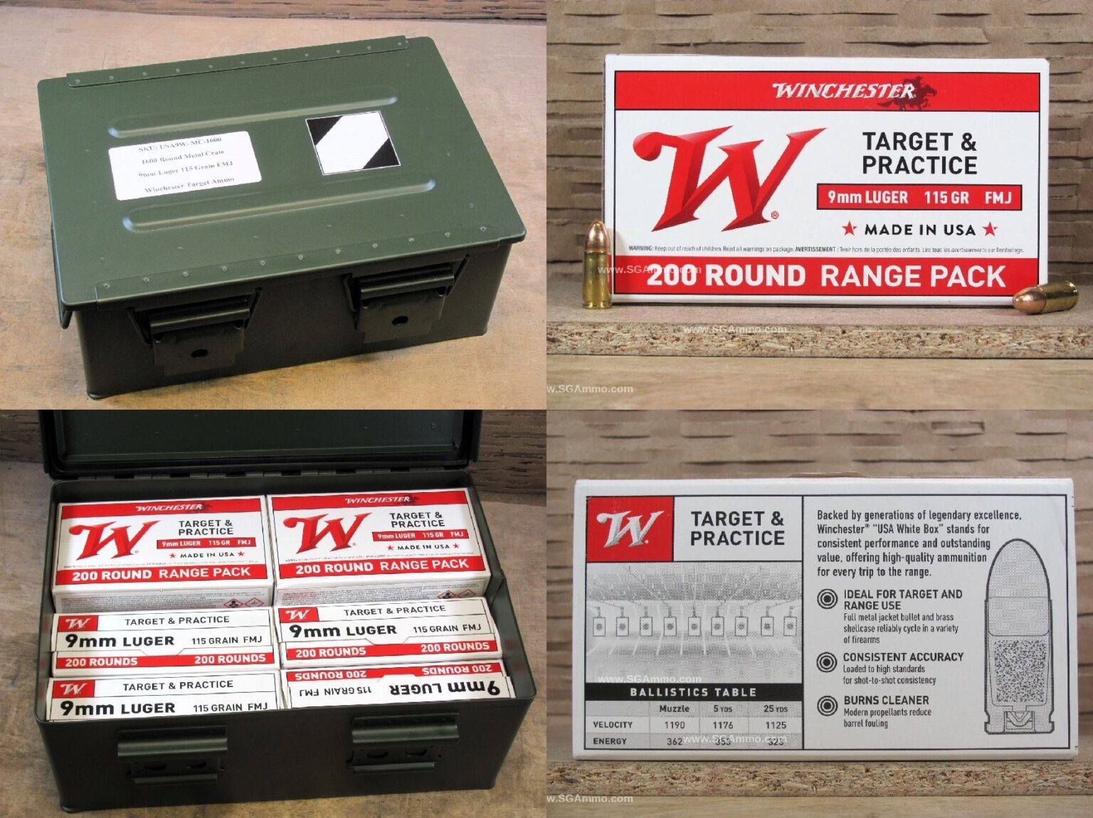 1600 Round Metal Crate Canister – 9mm Luger 115 Grain FMJ Target Range Bulk Ammo by Winchester – USA9W