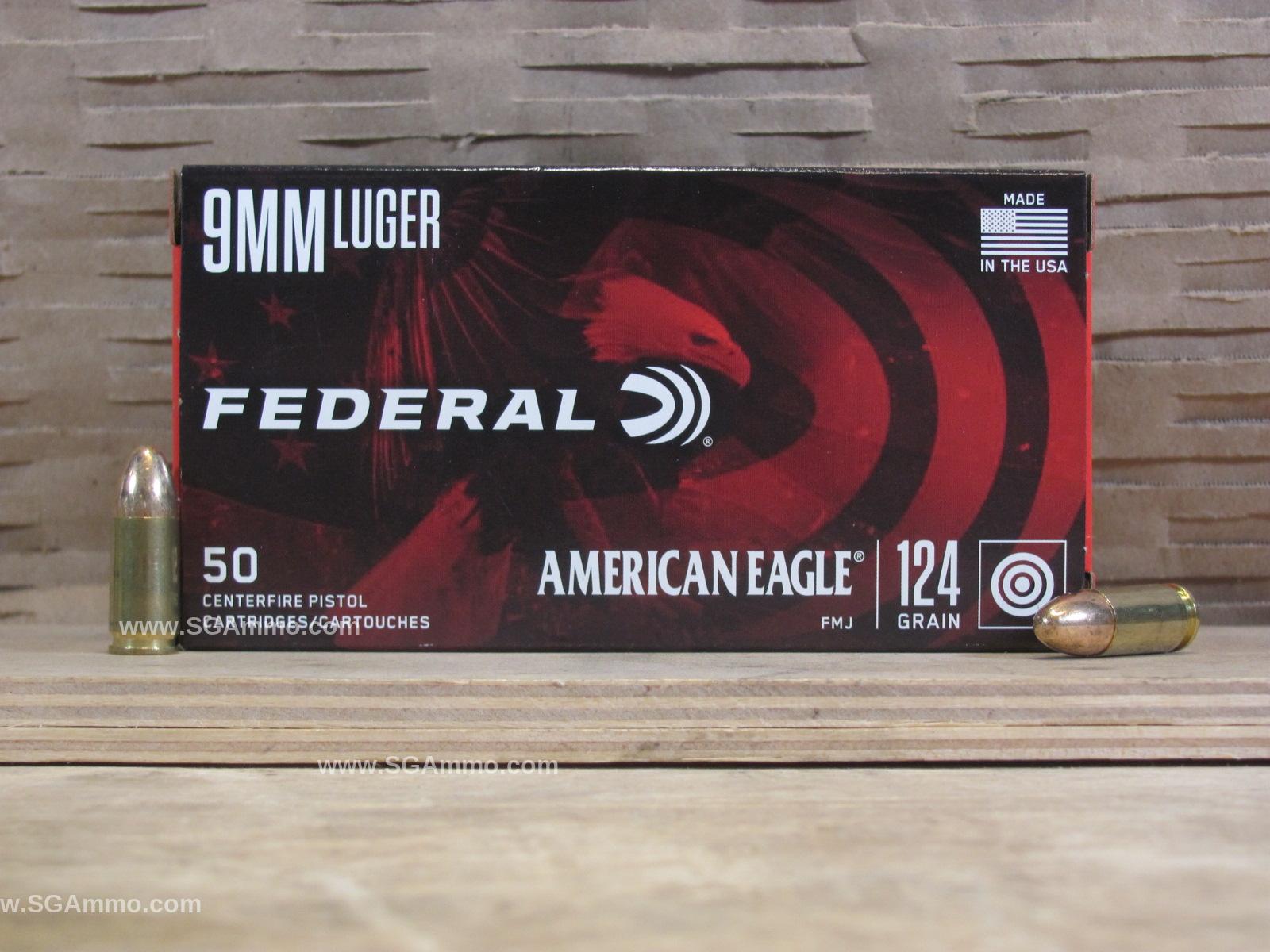 50 Round Box – 9mm Luger Federal American Eagle 124 Grain FMJ Ammo – AE9AP