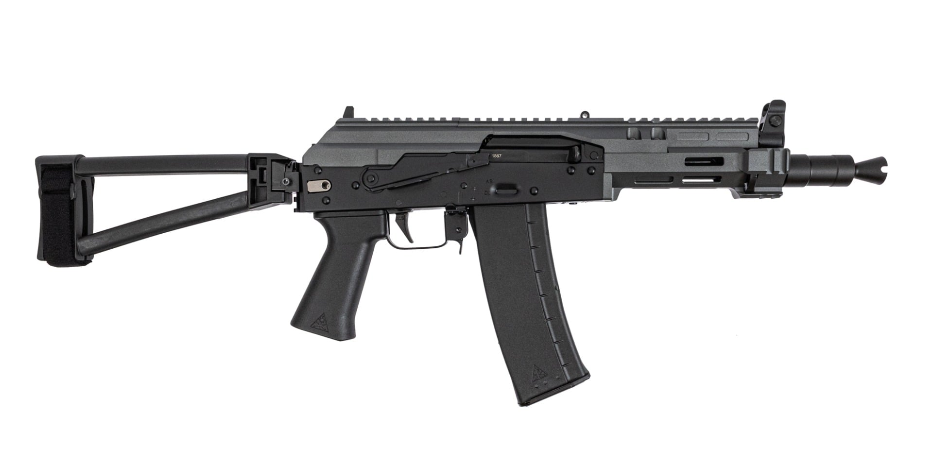 Soviet Arms 5.56 Krink Triangle Side Folding Pistol, MK3 Krink Chassis Carbon Gray, ALG, and Soviet Arms Grip