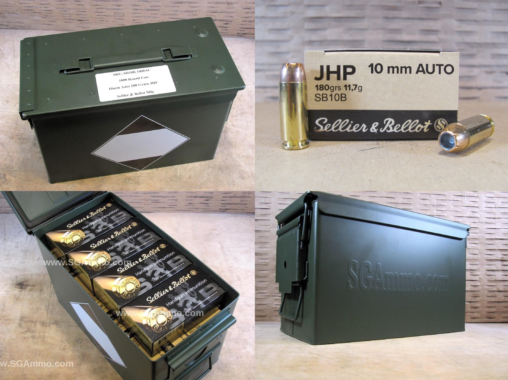 1000 Round Can – 10mm Auto 180 Grain JHP Hollow Point Sellier Bellot Ammo – SB10B – Packed in M2A1 Ammo Canister