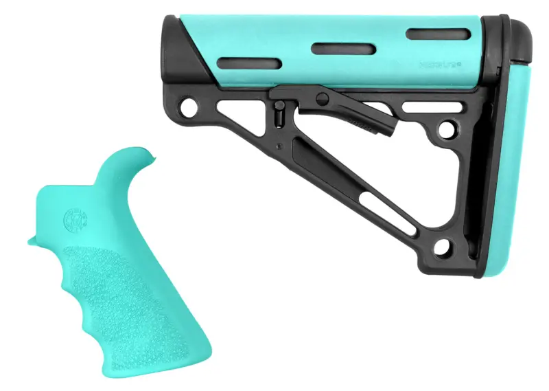 Hogue 13456 OverMolded 2-Piece Kit Collapsible Aqua OverMolded Rubber Black Aqua Rubber Grip for AR15, M16 with Mil-Spec Tube (Tube Not Included)