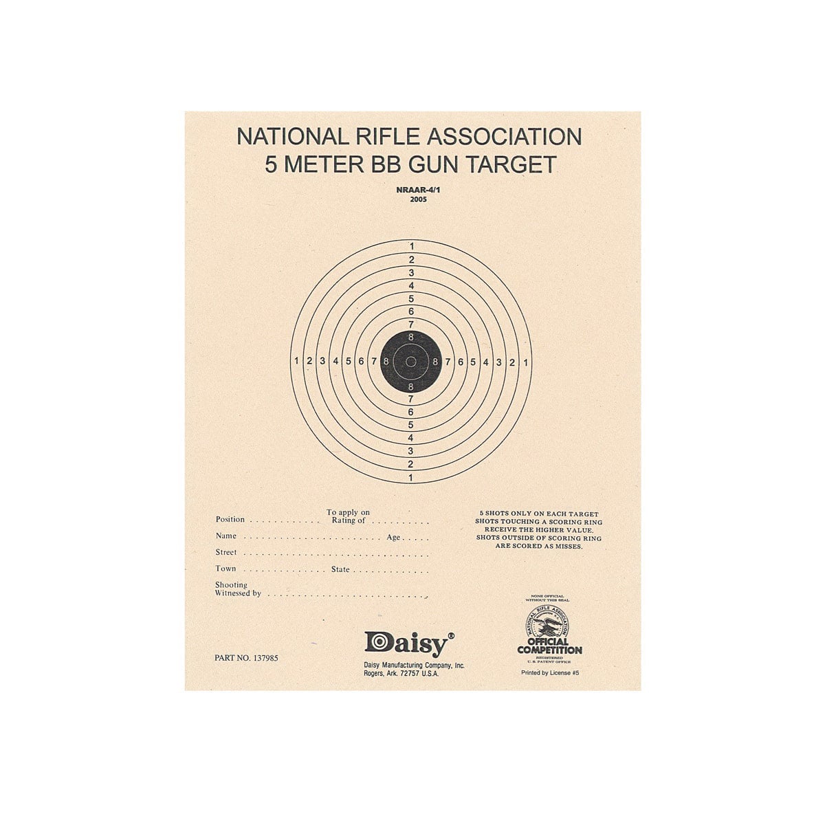 Daisy Outdoor Products Official NRA 5m Bb Target, Tan, 50/pack - 990408-001