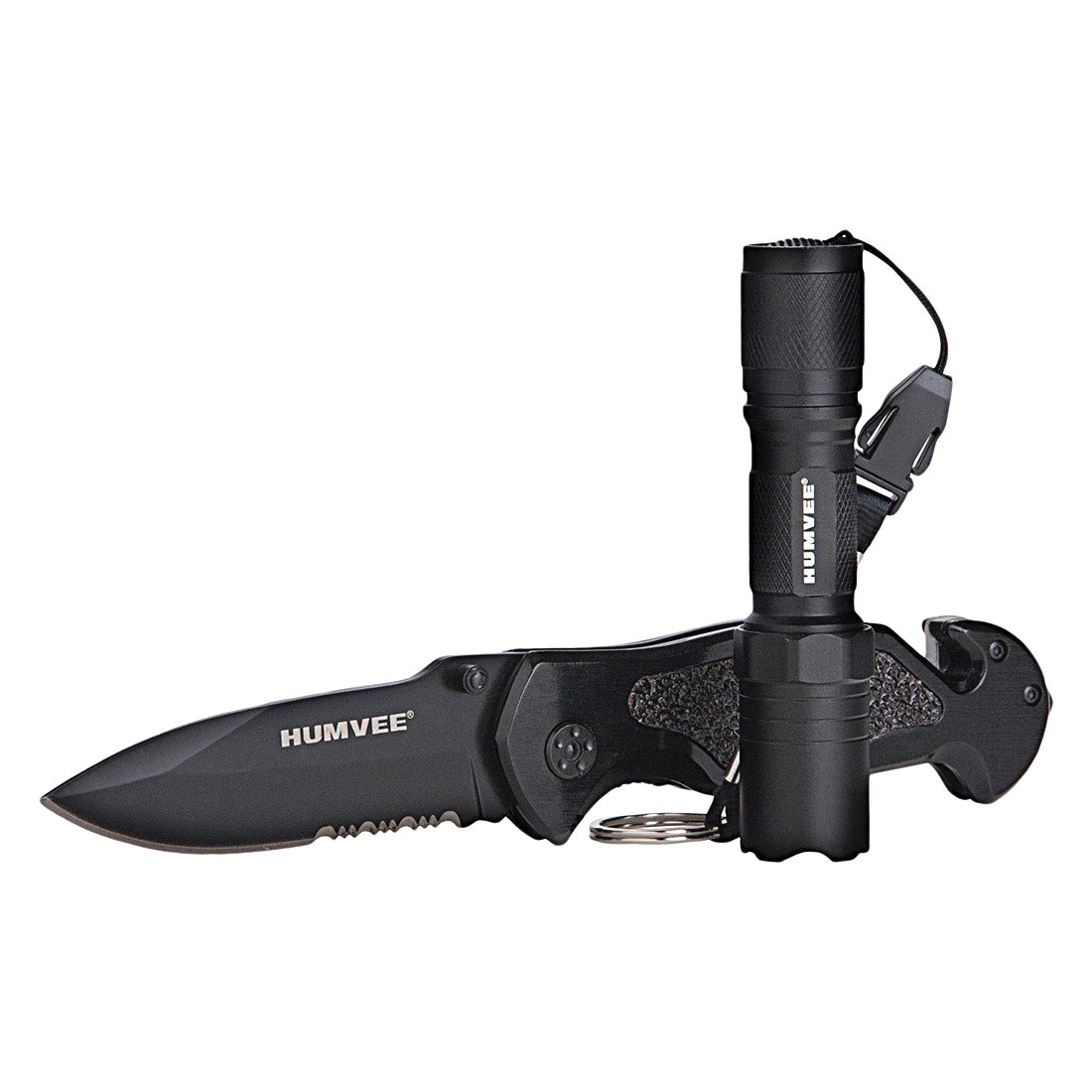 Camp Co Humvee Emergency Rescue Knife and Tactical LED Flashlight Spear Point, Black