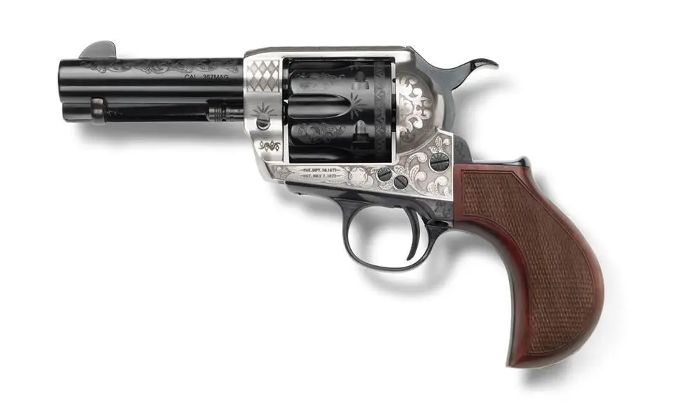 Pietta 1873 Alchimista Jr Handgun .45 Colt 6rd Capacity 3.5" Barrel Silver Blue Engraved Checkered Grips
