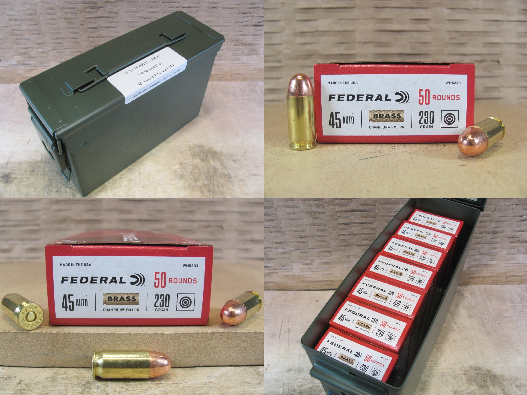 350 Round Can – 45 Auto 230 Grain FMJ Federal Champion Brass Case Ammo – WM5233 – Packed in M19A1 Canister