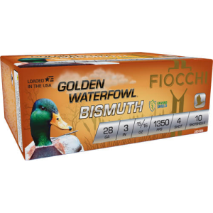 Fiocchi Golden Waterfowl Bismuth 28 Gauge 3\" 15/16 oz #4 Shot 10 Rounds Bismuth Case.