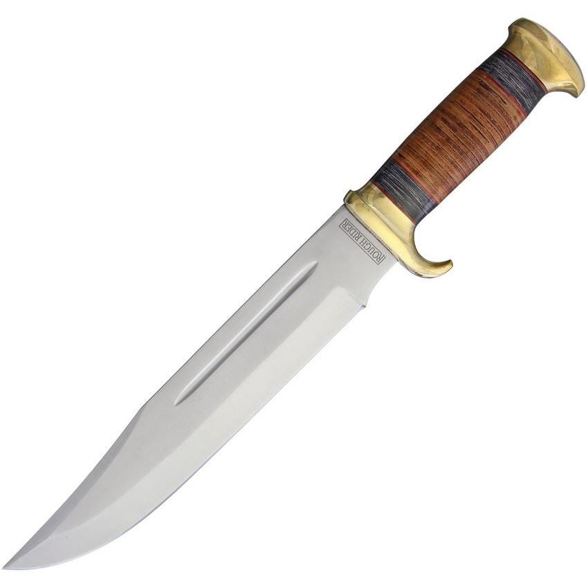 Rough Rider Stacked Leather Bowie Fixed Blade Clip Point Knife, Brown - RR2006