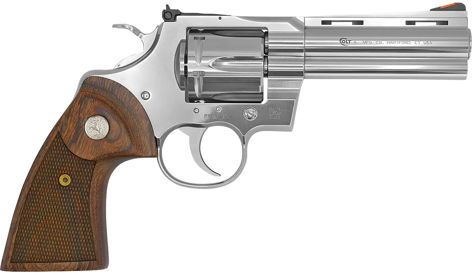 Colt Mfg PYTHONSP4WTS Python 38 Special/357 Mag 6 Shot 4.25" Stainless Vent Recessed Target/Vent Rib Barrel, Cylinder Frame, Walnut w/Colt Medallion Grip