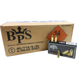 Best Performance Shotshell B.P.S., 9x19mm Para (9mm Nato) Pistol Cartridges - 124 Grain, FMJ, Brass Cased, Boxer Primed, Reloadable, Non-Corrosive,1000 Round Case - BPS9MM124FMJ