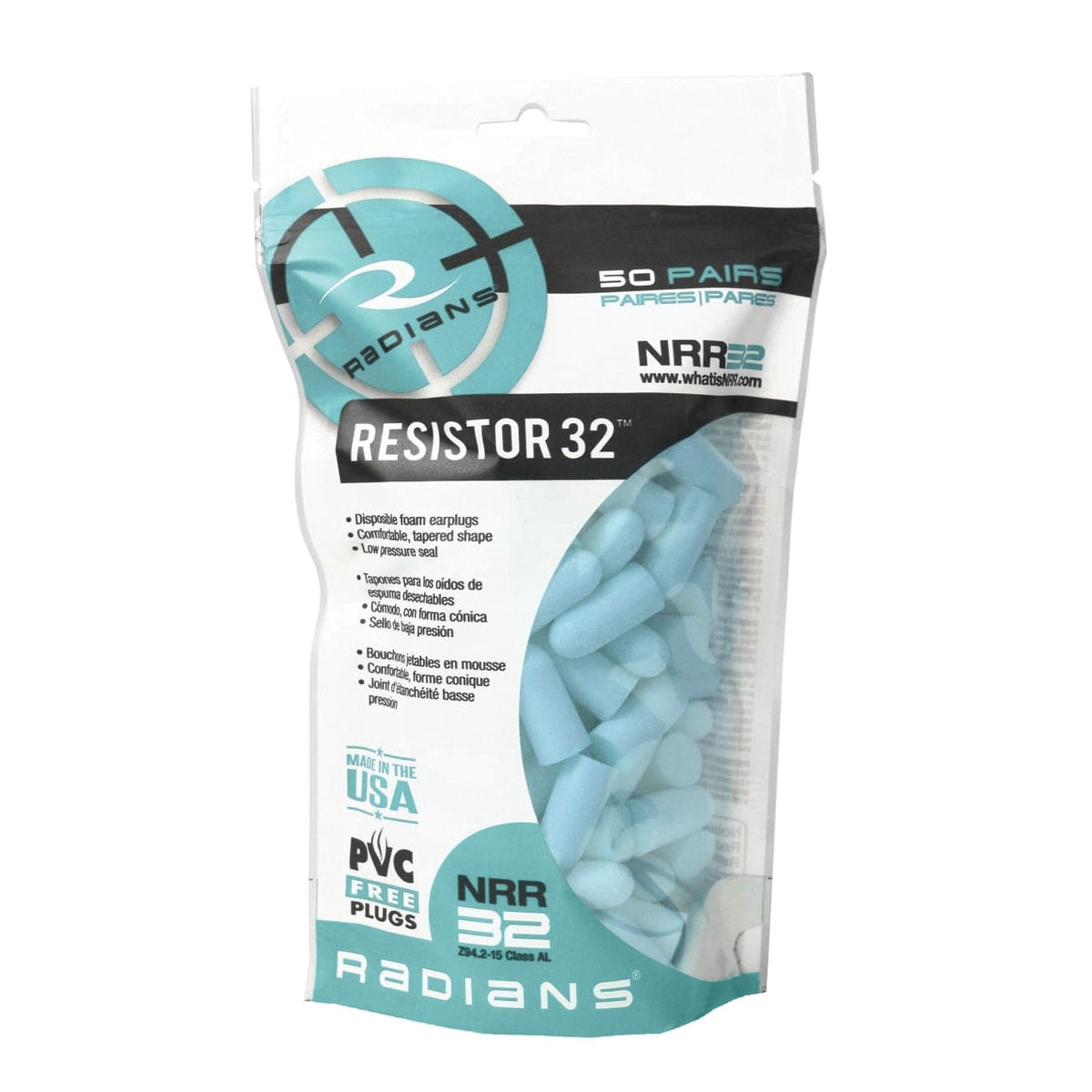 Radians Resistor 32 dB Uncorded Disposable Foam Earplugs, Aqua