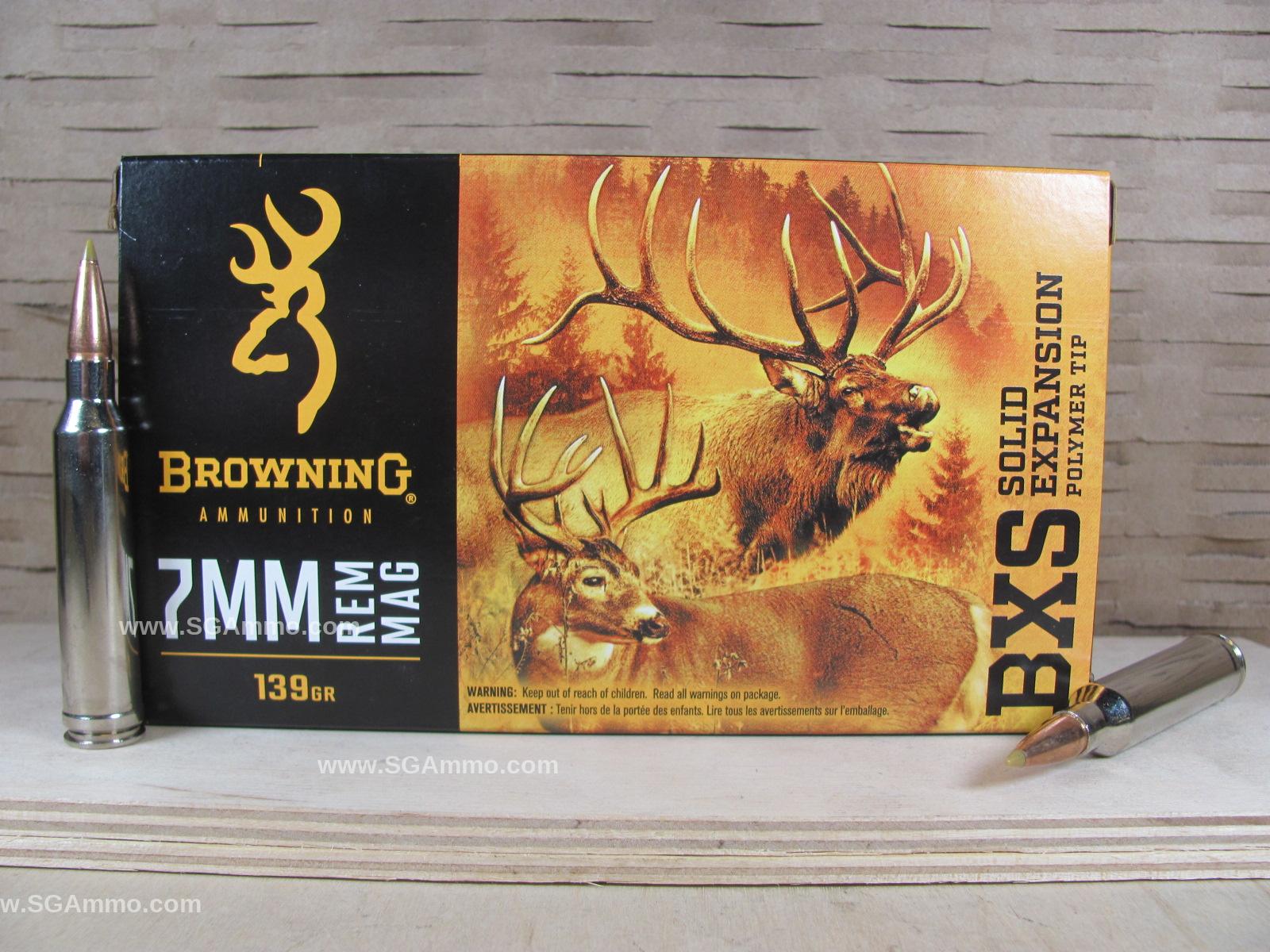 20 Round Box – 7mm Remington Magnum 139 Grain BXS Solid Expansion Polymer Tip Browning Ammo – B192400071
