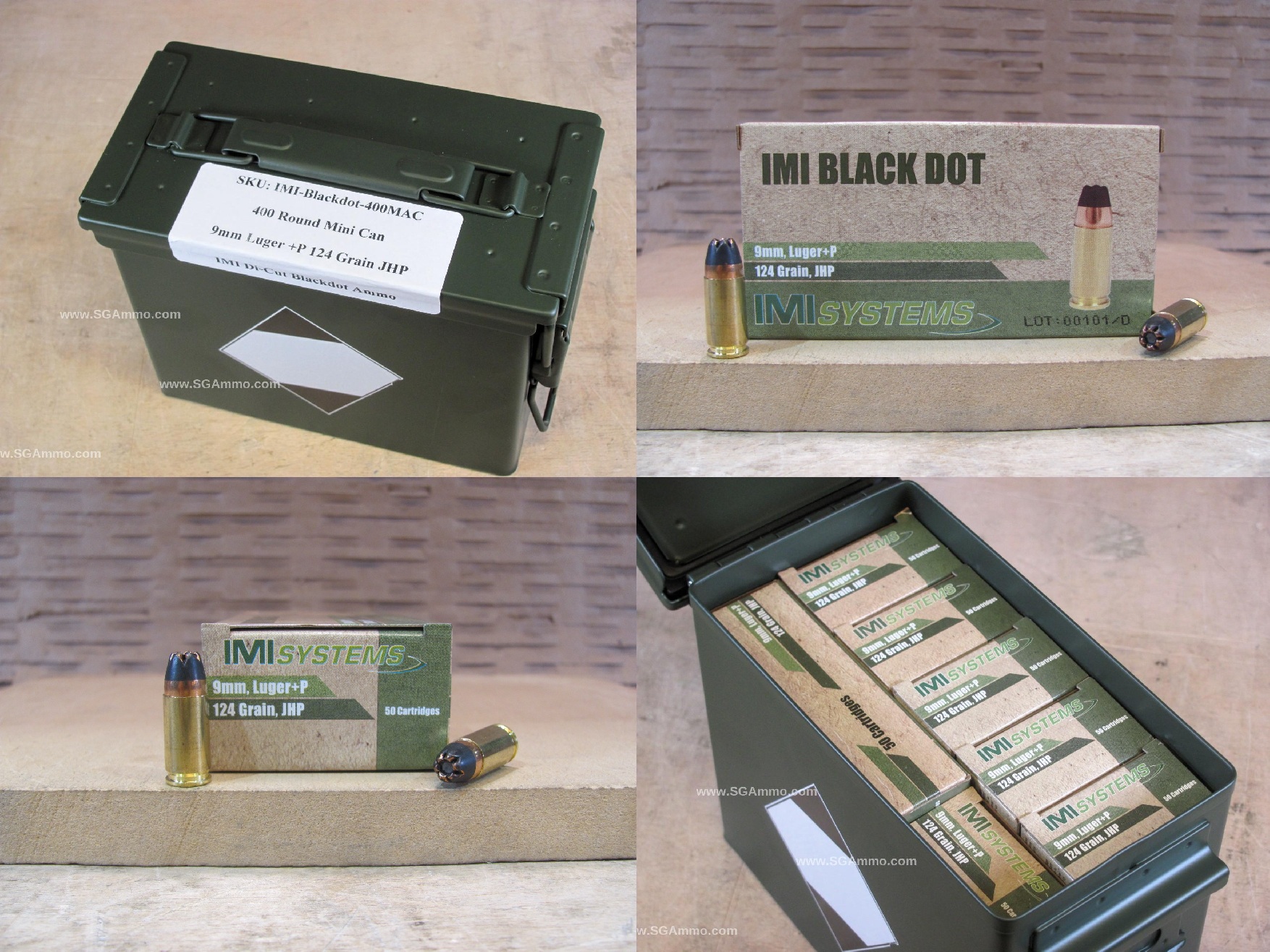 400 Round Can – 9mm Luger +P 124 Grain Di-Cut Jacketed Hollow Point Black Dot Ammo By IMI of Israel – Packed in Mini Canister