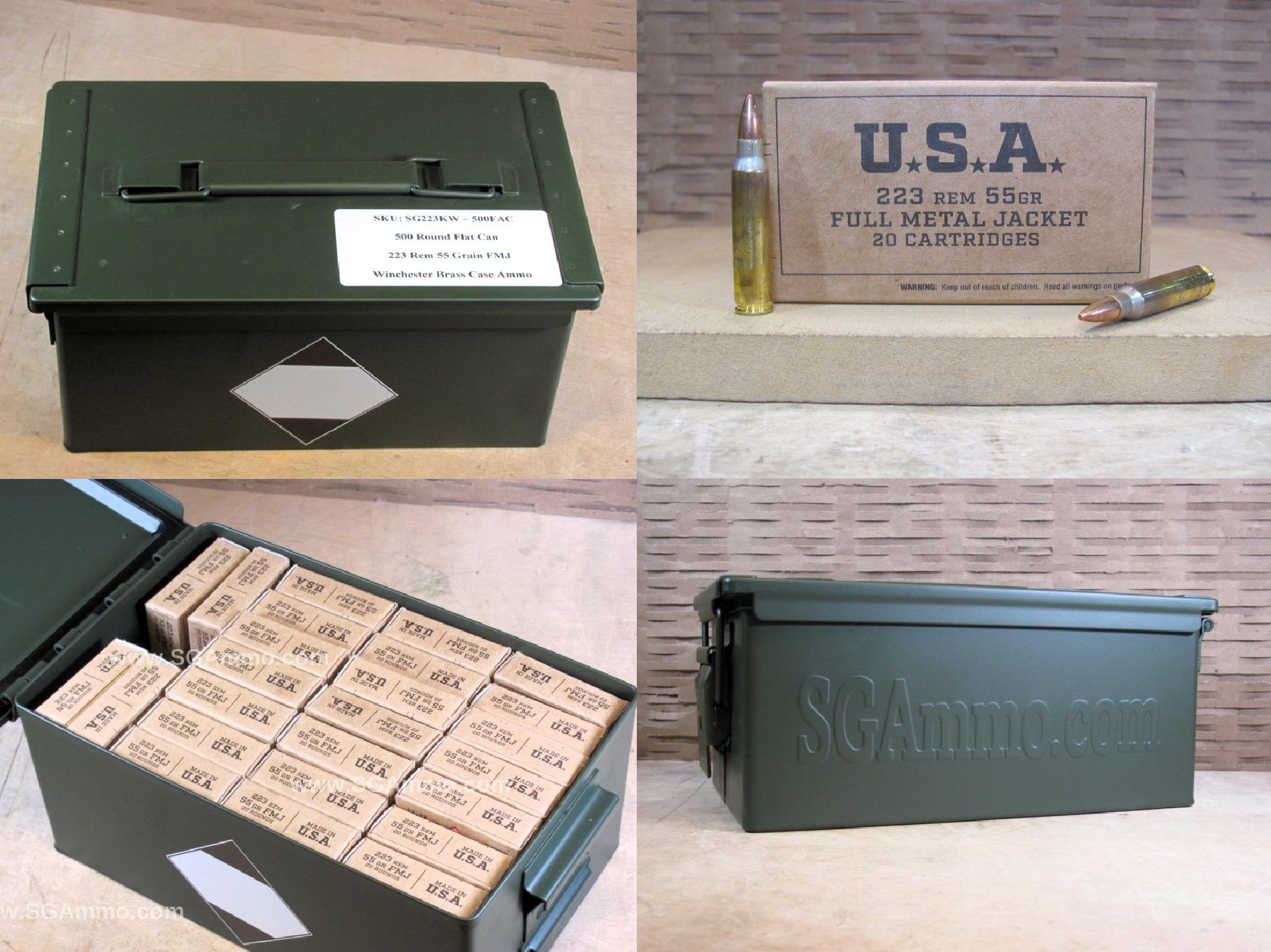 500 Round Flat Can – 223 Rem 55 Grain FMJ Winchester Ammo – SG223KW – Packed in Metal Canister