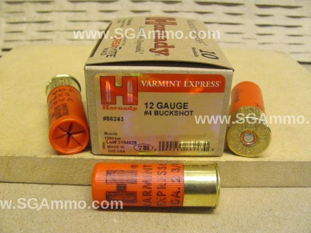 100 Round Case – 12 Gauge 2-3/4 Inch Number 4 Buckshot Varmint Express Hornady Ammo – 86243