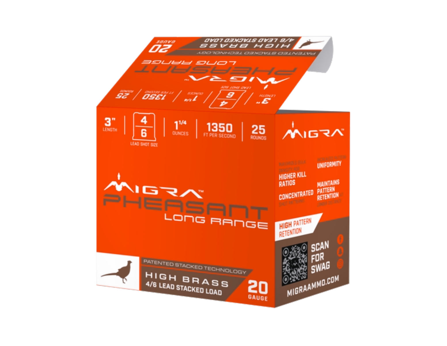 Migra Pheasant 20 Gauge 3in 1-1/4oz 4/6 High Brass Stacked Load, 25rds - M20P46