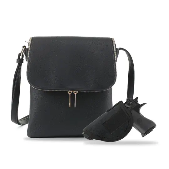JESSIE JAMES CHEYANNE CONCEALED CARRY LOCK AND KEY CROSSBODY HANDBAG 11 H X 9 W X 1.5 D ( BLACK )
