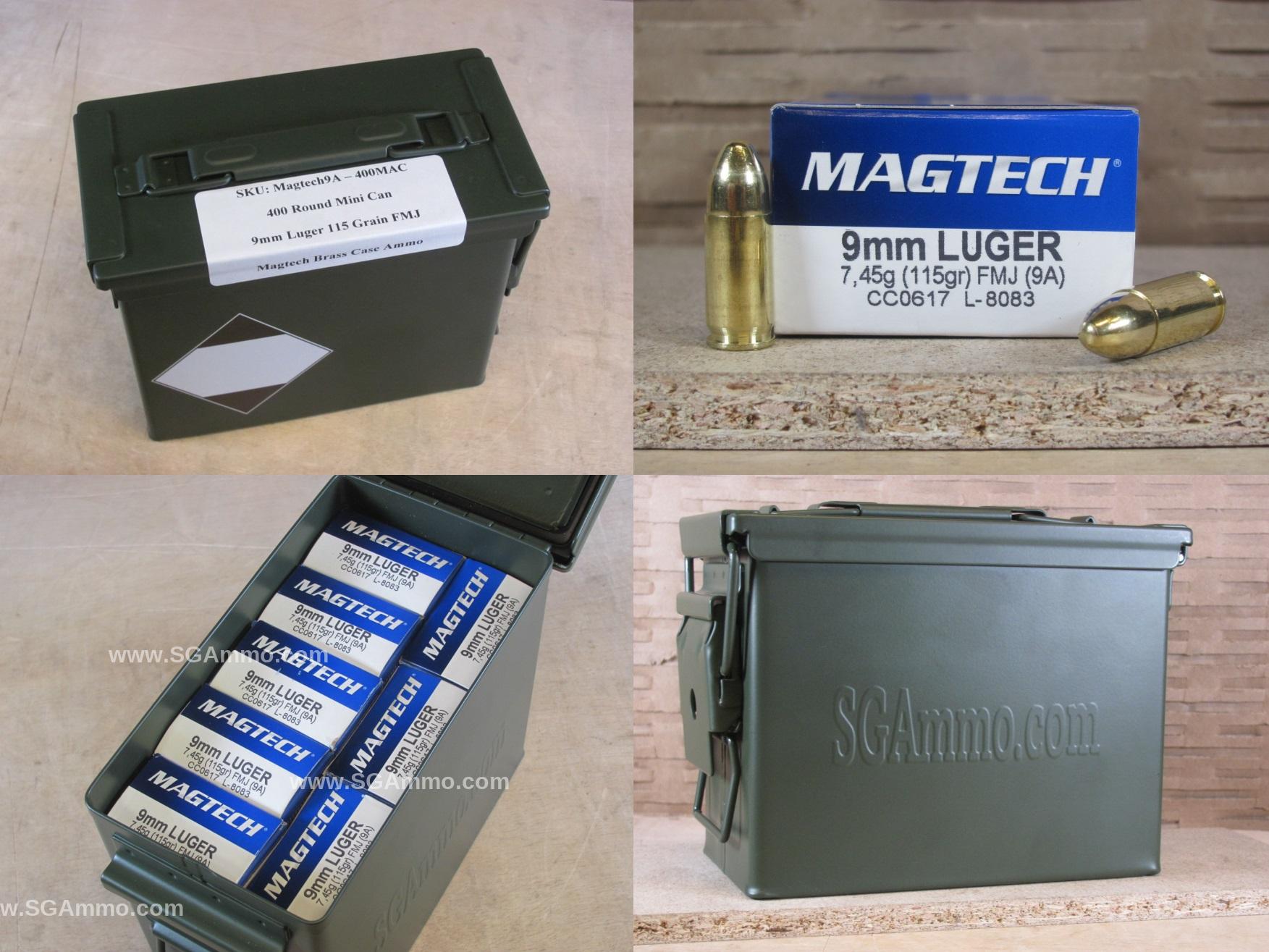 400 Round Can – 9mm Luger 115 Grain FMJ Ammo by Magtech – 9A – Packed in Mini Ammo Canister
