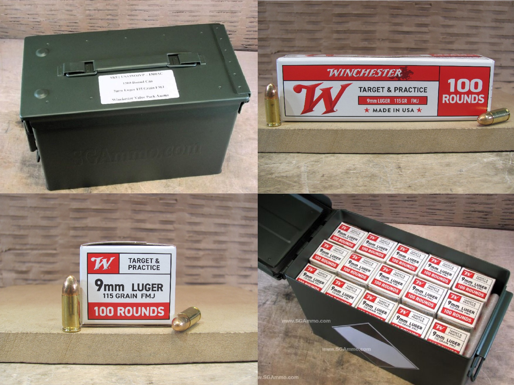 1500 Round Can – 9mm Luger Winchester FMJ 115 Grain Value Pack Ammo – USA9MMVP – Packed in M2A1 Canister