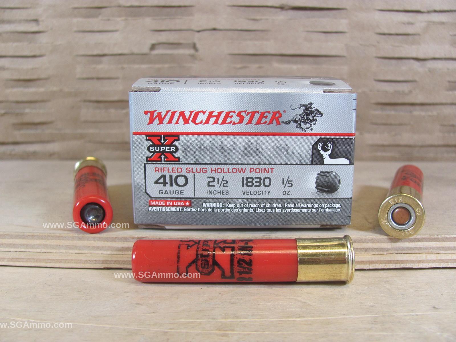 15 Round Box – 410 Gauge 2.5 Inch 1/5 Ounce Winchester Rifled Slug Hollow Point Super X Ammo – X41RS5VP