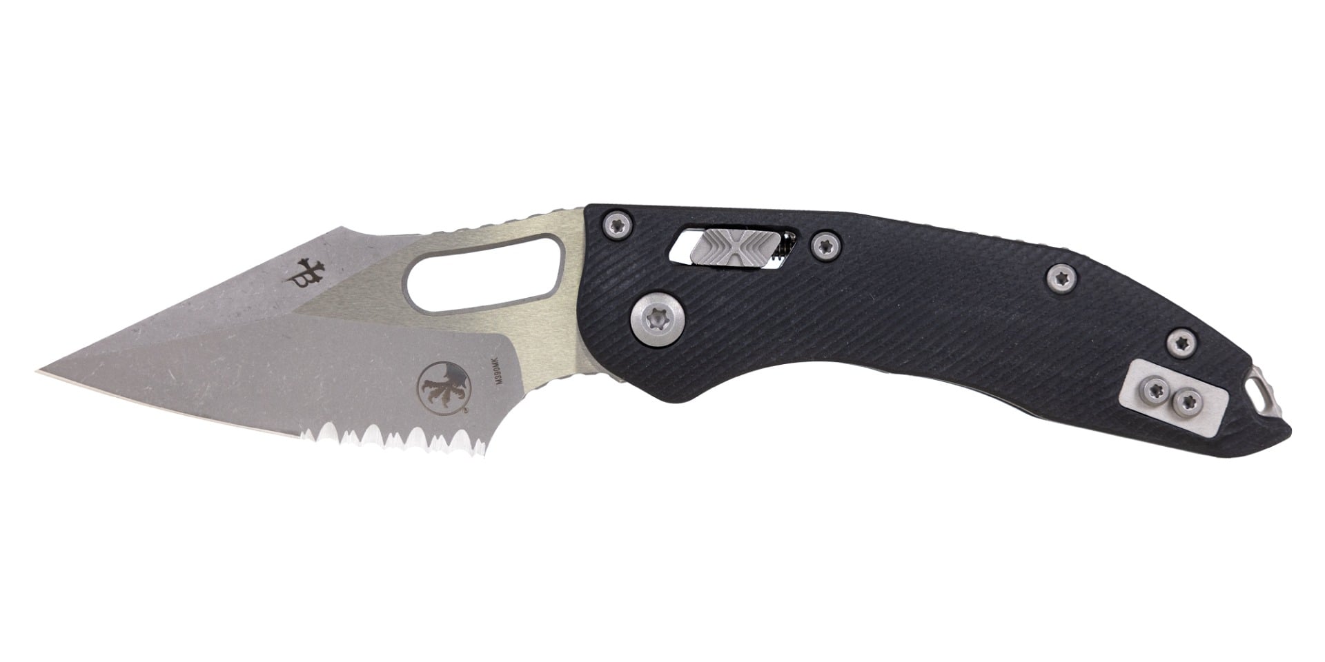 Microtech Stitch Ram-Lok Apocalyptic Folding Spear Point Knife Serrated, Black - 169RL-11APFLGTBK