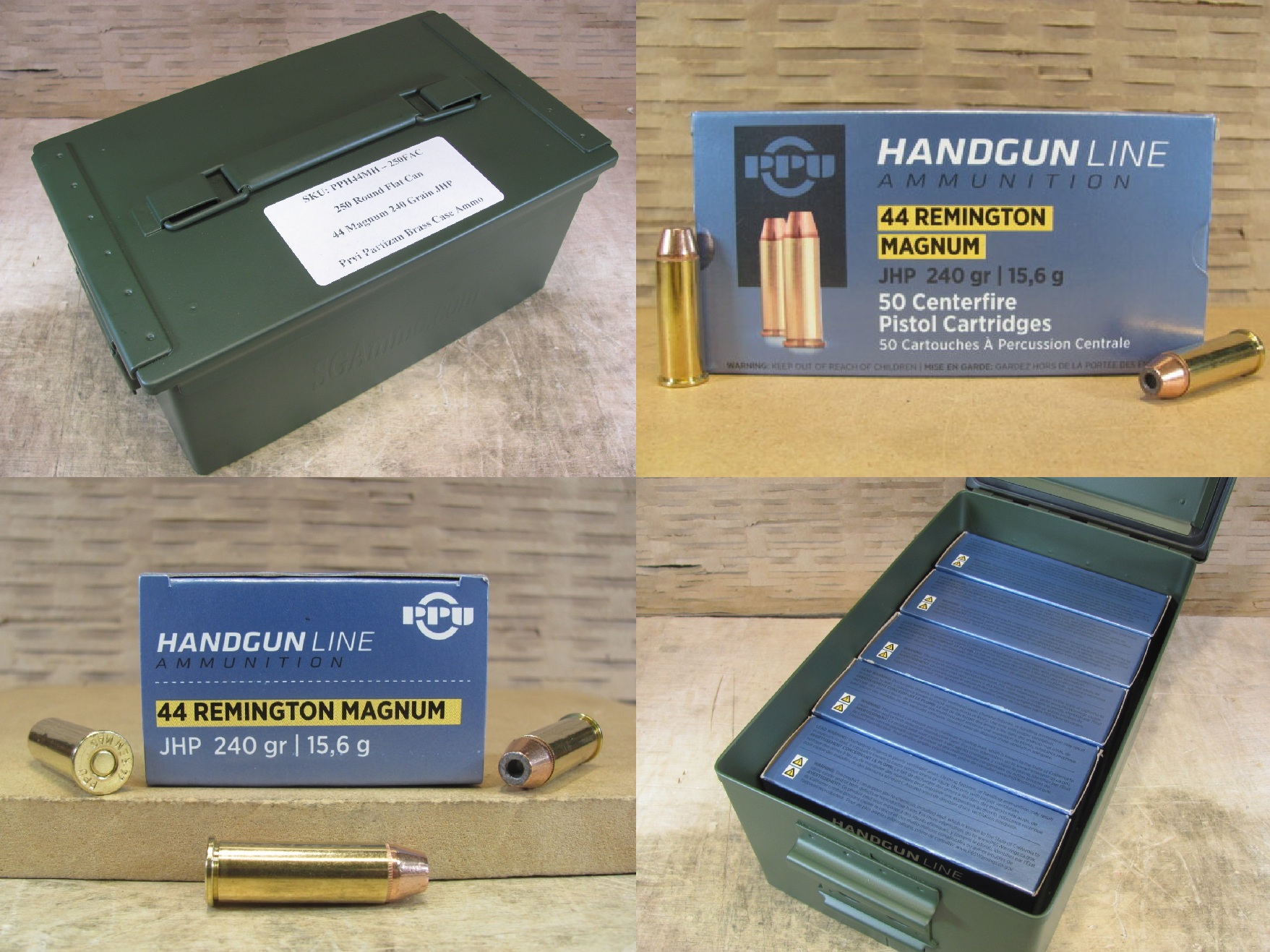 250 Round Flat Can – 44 Magnum 240 Grain JHP Hollow Point Prvi Partizan Ammo PPH44MH – Packed in Metal Canister